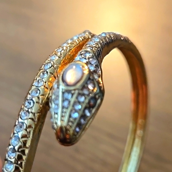 Gold Snake Bangle w/ Crystal Embellishments and Green Crystal Eyes - Picture 3 of 5